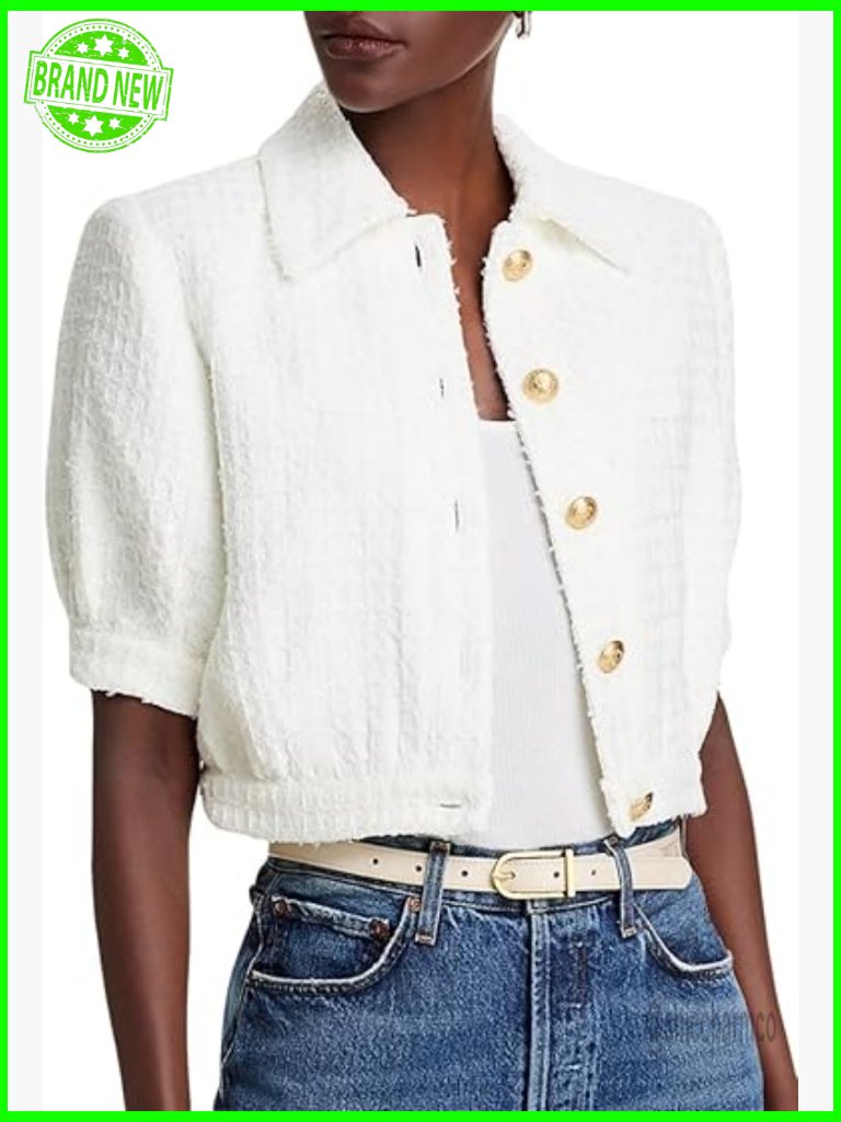 Cropped Tweed Blazer Short Sleeve Open Front Business Casual Jacket